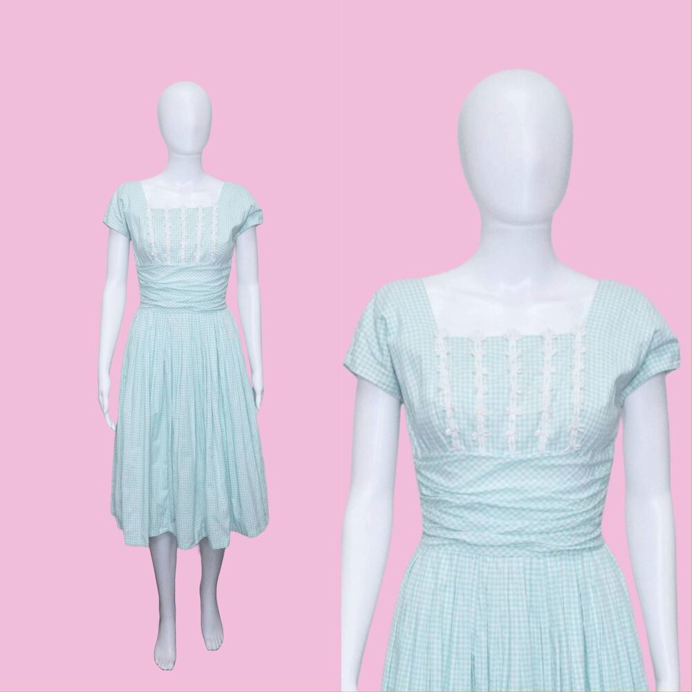 1950s JOAN MILLER for GLEN Gingham Fit & Flare Dress W/Floral Appliqué. XS-S